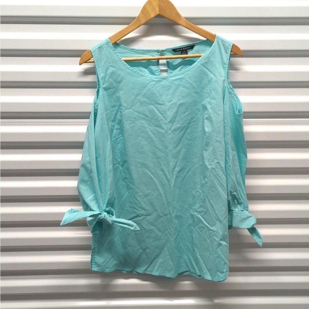Boho Cottagecore Zac & Rachel Cold Shoulder Tie Sleeve Blouse Blue Large